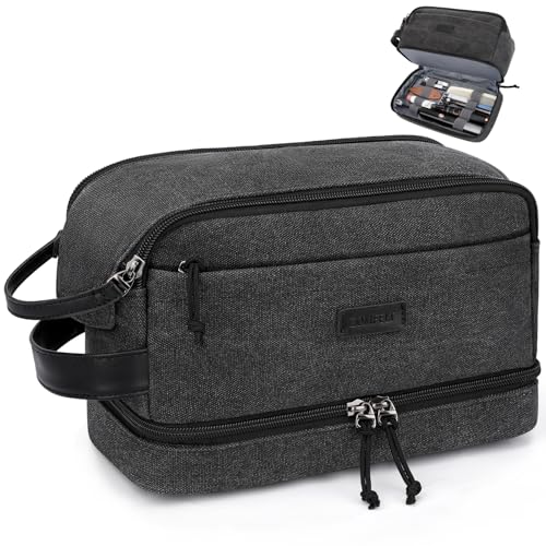 ZOMFELT Travel Toiletry Bag for Men, Canvas Hanging Toiletry Bag Shaving Dopp Kit Water Resistant Bathroom Shower Bag with Double Layer, Makeup Cosmetic Hygiene Bag for Toiletries Accessories, Black