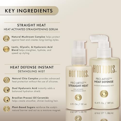HOT TOOLS¢â Pro Artist Heat Defense Instant Detangling Mist and Straight Heat, Heat Activated Straightening Serum | Protect and Straighten