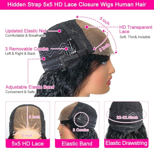 Hidden Strap Deep Wave 5x5 HD Lace Closure Wigs Human Hair Invisible Strap Bleached Konts Glueless Wigs Human Hair Pre Plucked Pre Cut 180% Denisty Deep Wave Closure Wigs with Drawstring 24 inch