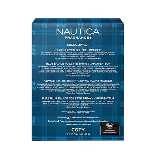 Nautica Blue, Voyage, and Pure Blue 4 Piece Gift Set, Notes of Basil, Jasmine, and Cedarwood, Men's Fragrance, Long Lasting, Everyday Fragrance