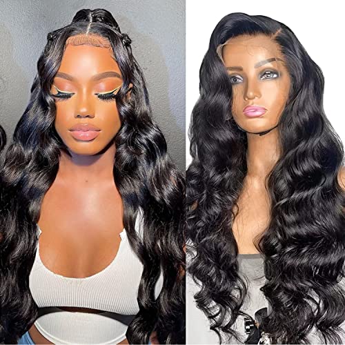 Lace Front Wigs for Black Women Human Hair Body Wave 28 Inch 13x4 Glueless Lace Front Wigs Body Wave Lace Frontal Wigs Human Hair HD Lace Pre Plucked with Baby Hair Brazilian Wigs Virgin Human Hair 180% Denisty Natural Color