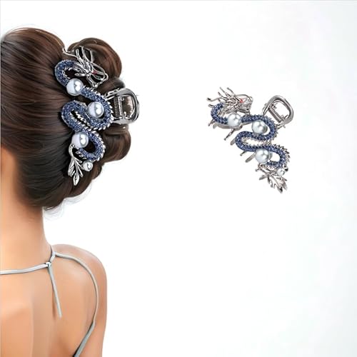 Fashionable Dragon Metal Claw Clips for Women Blue Rhinestone & Pearls Silver Alloy Halloween Decorative Clips Hair Accessories Birthday New Year Gifts