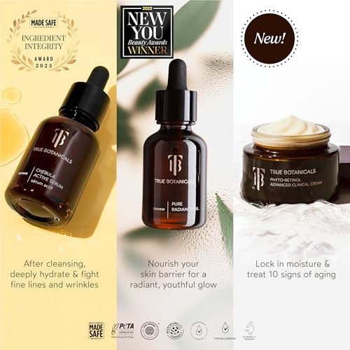True Botanicals Anti-Aging Essentials | Increase Hydration, Treat Fine Lines & Wrinkles | Contains Chebula Active Serum, Renew Pure Radiance Oil, and Phyto Retinol Advanced Clinical Cream