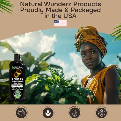 Natural Wunderz African Black Soap Body Wash, 12?oz ? Sulfate?Free, Vegan Cleanser with Shea Butter ? Soothing, Detoxifying Shower Gel for Men & Women