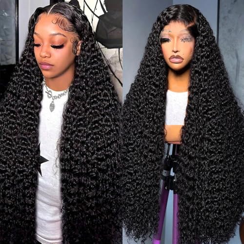 34 Inch Water Wave Lace Front Wigs Human Hair 13x6 HD Transparent Lace Frontal Wigs Human Hair Pre Plucked 200% Density Wet and Wave Wig for Black Women Natural Color