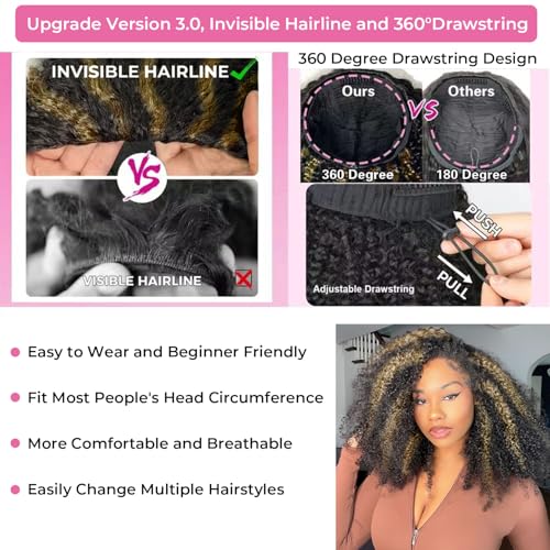 250% Density Kinky Curly Half Wig Human Hair Update 3 In 1 Seamless Flip Over Wigs Human Hair Wear and Go Glueless Wig Beginner Friendly Drawstring Wig for Black Women 20 Inch