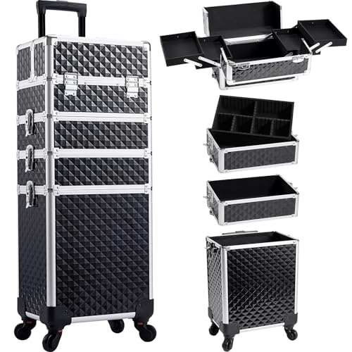 Rolling Makeup Train Case, 4-in-1 Cosmetology Case on Wheels, Nail Tech Cart for Travel, Professional Cosmetic Vanity Case, Suitcase for MUA/Manicure/Tattoo/Style, Lockable Storage Box, Black