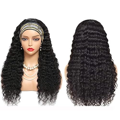 WENYAN Deep Wave Headband Wig Human Hair 26 Inch Wigs for Black Women Glueless None Lace Front Curly Wave Wig Brazilian Virgin Hair Wear and Go Wigs Machine Made 150% Densitys Natural Color