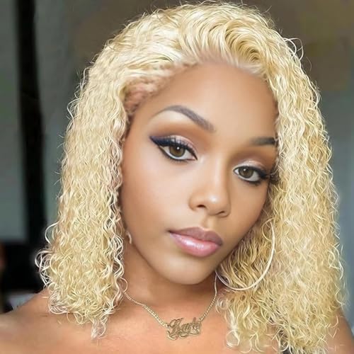 613 13x6 Lace Front Wigs Human Hair Blonde Bob Human Hair Wigs Short Curly Bob Wigs for Black Woman Glueless 613 Frontal Wigs Pre Plucked With Baby Hair 180% Density (10 Inch)