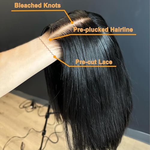 BEEOS Pre-Everything 5x5 SKINLKE Real HD Lace Closure Bob Wig, Wear and Go 180% Density Glueless Pre-cut Lace Pre-Plucked Hairline Bleached Knots Straight Human Hair Wig 10 Inch