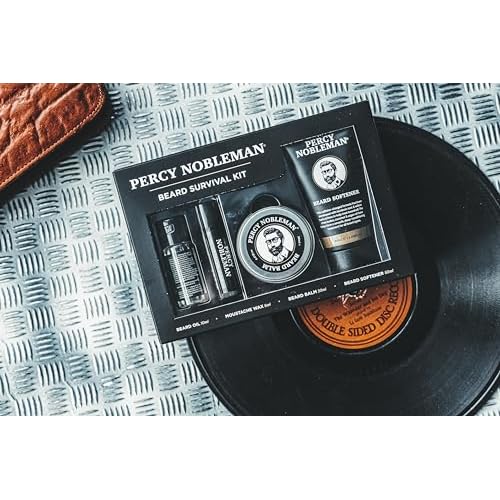 Percy Nobleman Beard Survival Kit, a Beard Grooming Kit containing a scented beard oil, beard balm, moustache wax, and a beard softener