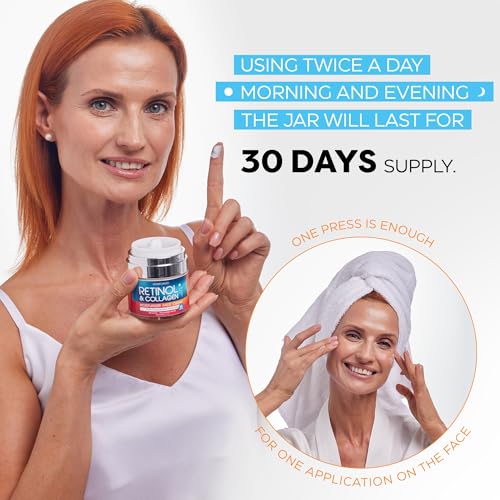 Retinol Cream for Face with Hyaluronic Acid, Day-Night Anti-Aging Moisturizer for Women, Men, Collagen Cream for Face Reduces Wrinkles, Dryness, 1.85 Oz