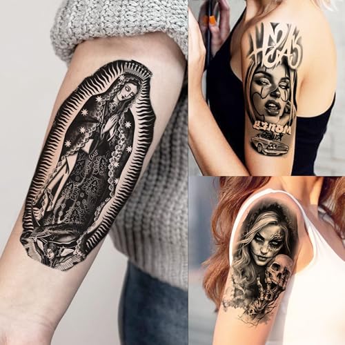 74 Sheets Chicano Jesus Christ God Temporary Tattoos For Men Women Adults Arm Cholo, Guadalupe Half Arm Sleeve Fake Tattoo Sticker Mexico West Coast Culture, Temp Chicana Prison Halloween Tattoo Chola