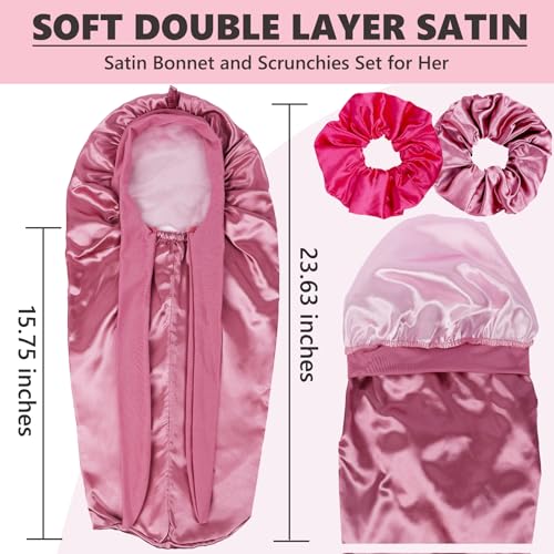 Long Kids Bonnets for Girls,Double Layer Satin Bonnet for Sleeping Kid,Bonnet for Girl Braids Long Hair Rose Gold