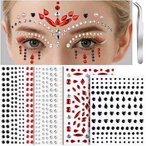 Teenitor 4 Sheets Face Gems Stick on, Face Jewels Red and Balck Face Rhinestones Gems, Festival Jewels Self-Adhesive Face Gems for Women, Rave Accessories for Face Eyes Body Halloween Makeup