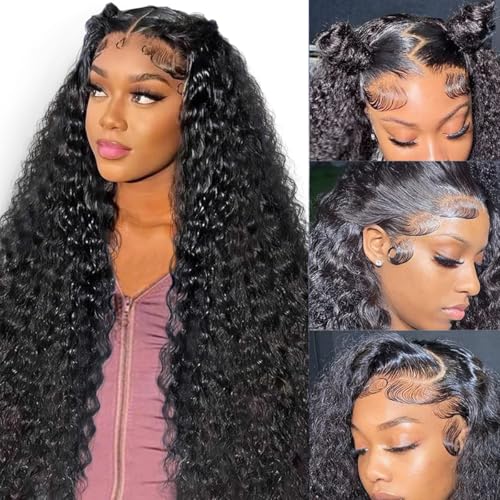30 Inch Water Wave Lace Front Wigs Human Hair 10A Deep Curly 13x4 HD Transparent Lace Front Wigs Pre Plucked Glueless Wigs Human Hair for Women 180% Density (Natural Color)