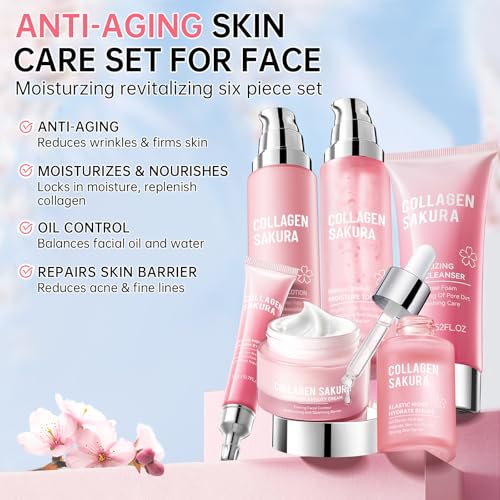 Sakura Skin Care Set for Teen Girls, Cherry Blossom Skincare Gift Set for Teens & Women, Moisturize & Repair Skin, 6 Pcs Collagen Skin Care Kits with Cleanser, Toner, Lotion, Serum, Cream & Eye Cream