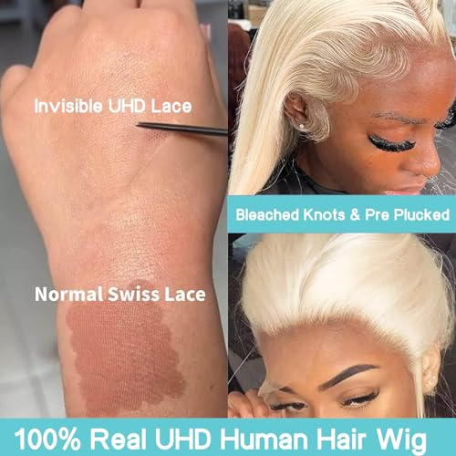 Platinum Blonde Wig Human Hair Pre Plucked HD Transparent Long Straight Wigs Silver Ash White 613 Blonde Lace front Wig For Women T Part Remy Vietnamese Hair 22 Inch 180%