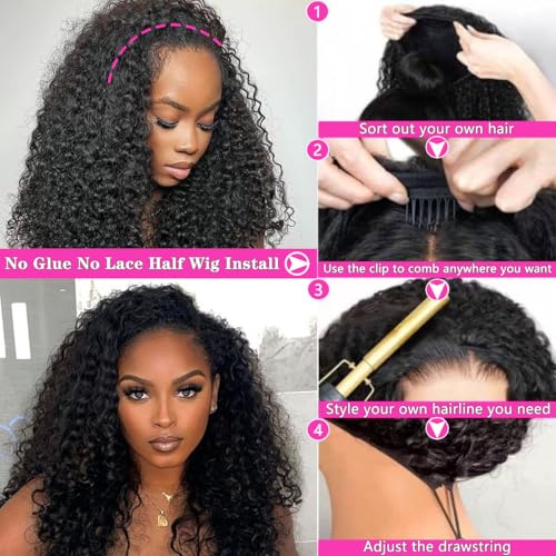 Half Wig Human Hair 200% Density Water Wave Glueless Wigs Human Hair 3 in 1 Drawstring Seamless Flip Over With Adjustable String Invisible Hairline Beginner Friendly Headband Wig 18 Inch