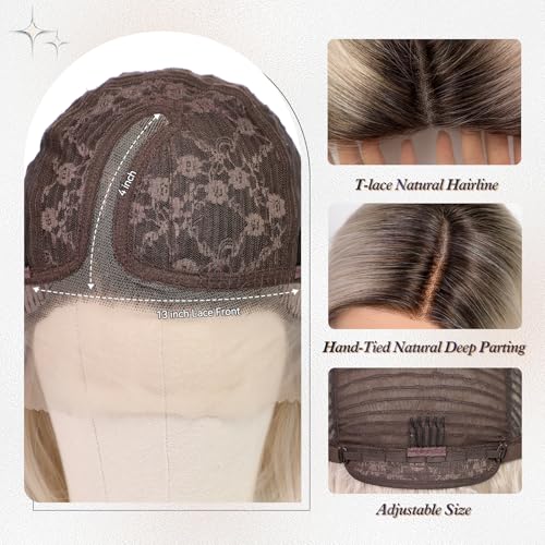starluck Wig Lace Front Wigs for Women Partial Platinum Blonde Curly Shoulder Length Wig Synthetic Lace front Hair for Women Daily Wear