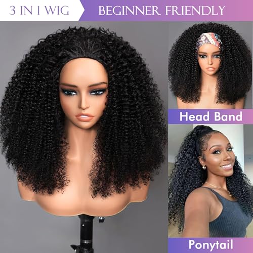 Kinky Curly Half Wig Human Hair 180% Density 3 In 1 Seamless Flip Over Half Wigs Human Hair Glueless Wear and Go Beginner Friendly 24 Inch Drawstring Headband Wig Human Hair for Women Natural Black