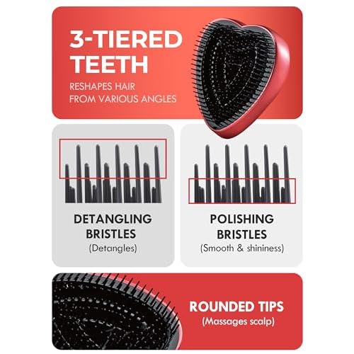 ReFa Heart Brush SHINE RED | Heart Shaped Detangler for Thick Hair | No Tangle Travel Brush for Women
