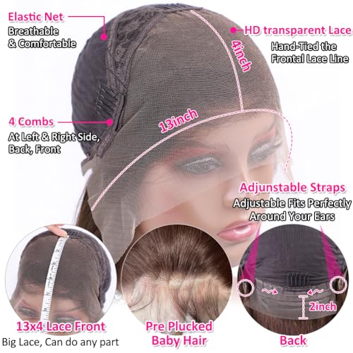 Hermosa 13x4 Brown Lace Front Wigs Human Hair Pre Plucked Hairline 180 Density Straight Lace Frontal Human Hair Wigs for Women 4# Brown Color 18 Inch