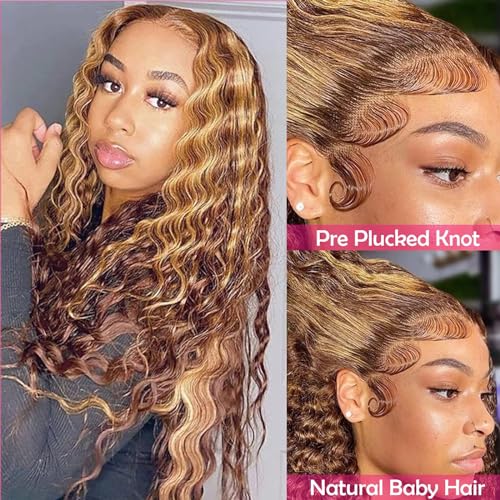 Honey Blonde 13x4 Deep Wave Lace Front Wigs Human Hair Highlight Ombre Curly Human Hair Wig HD Transparent Frontal Wigs for Women 180 Density P4/27 Pre Plucked with Baby Hair 22 Inch