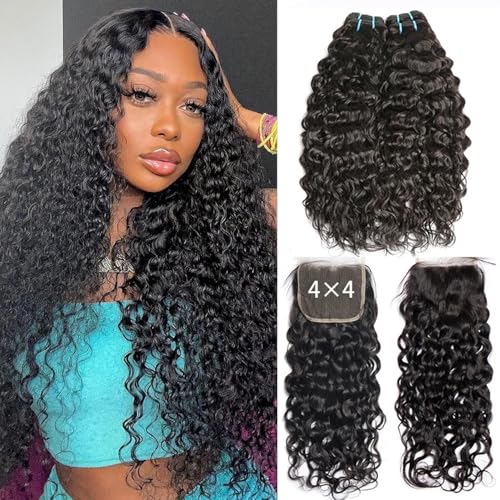 Water Wave Bundles with Closure Brazilian Virgin Human Hair with Closure 10A Wet and Wavy Quick Weave Human Hair Bundles and Free Part Lace Closure Natural Color (22 24 26+20)