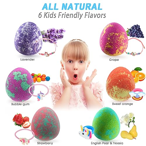 Bath Bombs for Kids with Surprise Inside- Dino Egg Bath Bombs for Girls, 6 Pcs Bubble Bath Bomb, Dinosaur Bathbombs Gift Set, Unicorn Jewelry for Girls, Birthday Gifts