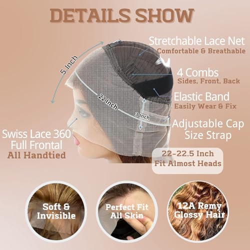 Honey Blonde 360 Lace Front Wigs Human Hair Pre Plucked 180% Density, Deep Wave Highlight Curly Brown Full 360 HD Lace Frontal Wigs, 4/27 Colored 12A Soft Shinny Thick Brazilian Hair 18 IN