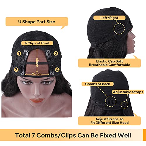 250% Density U Part Human Hair Wig Body Wave for Black Women U Part Wig Brazilian Virgin Human Hair Wig 10A Full Head Clip in Half Wig Glueless No Leave Out Lace Front Wig Natural Color 24inch