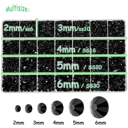 22000pcs Black Rhinestones for Bedazzling Kit, 2mm 3mm 4mm 5mm 6mm Flatback Black Gems Bedazzling for Crafting, Non-Hotfix SS8-SS30 Gems Bedazzler with B7000 for DIY Nails Decoration