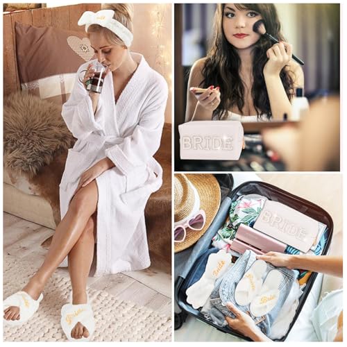 CIEHER Bride To Be Gift Set - Spa Headband & Slippers, Makeup Bag