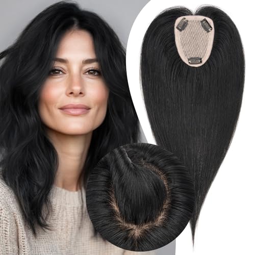 S-noilite Hair Toppers for Women Real Human Hair, 100% Human Hair Toppers for Thin Hair,3.5"*4.7" Handmade Nature-mimicking Scalp Base 10¡± Jet Black