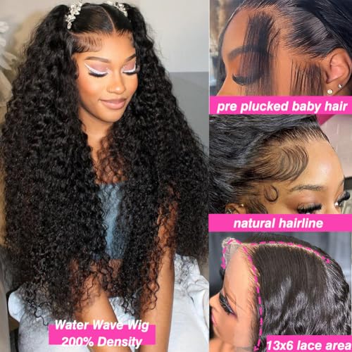 30 Inch Water Wave 13x6 HD Lace Front Wigs Human Hair Pre Plucked 200 Density Deep Part Curly Wig for Women with Hairline Water Wave Frontal Wigs Human Hair
