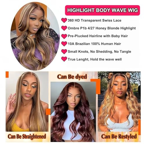 Highlight 360 Lace Front Wigs Human Hair Pre Cut Pre Bleached Pre Plucked Body Wave 360 Full Lace Wigs Human Hair 22Inch for Black Women 180% Density HD Lace Front Wigs Human Hair