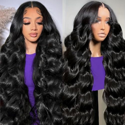 30 Inch 13x6 Body Wave Lace Front Wigs Human Hair 220 Density HD Lace Front Wigs Human Hair Pre Plucked Brazilian Virgin Wigs Human Hair for Women Glueless Lace Frontal Wig Natural Black Body Wave Wig