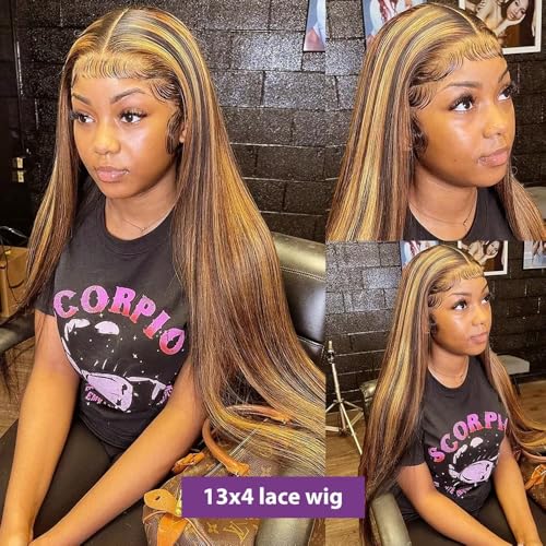 Ombre Lace Front Wig Human Hair 22inch Highlight 13x4 HD Straight Lace Front Wigs Human Hair 200% Density 4/27 Colored Honey Blonde Wig Human Hair Glueless Pre Plucked with Baby Hair