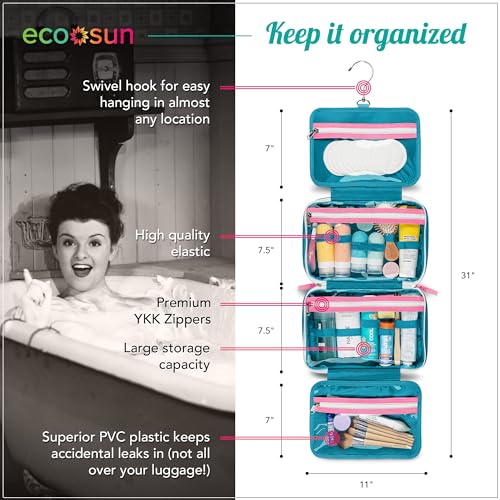 Eco Sun Hanging Travel Toiletry Bag ? Designed in Hawaii ? Water-resistant Travel Organizer for Bathroom Accessories