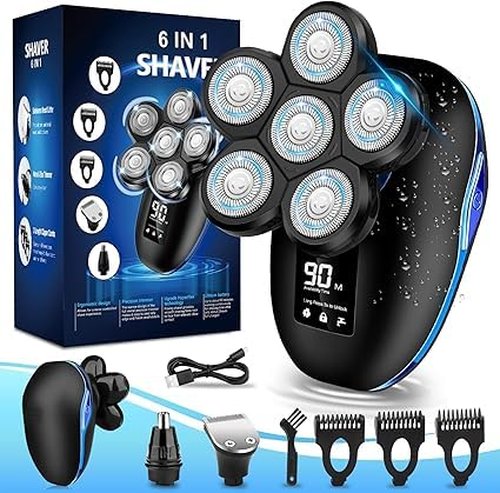 Head Shaver for Bald Men, 6-in-1 Electric Shaver for Bald Head 6D Wet/Dry Waterproof Mens Electric Razor Head Shavers with Grooming Kit Cordless Rechargeable Face Head Shaving Rotary Shavers Blue