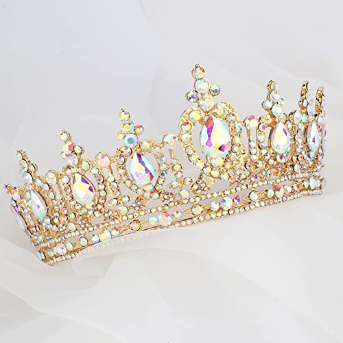 COCIDE Gold Queen Crown for Women Crystal Tiara and Crown for Girl Rhinestones Hair Accessories for Wedding Bride Birthday Party Prom Bridal Bridesmaid (Aurora Borealis + Gold Tiara)