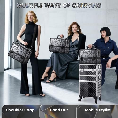 FRENESSA Makeup Case Extra Large Makeup Train Case 12.6 Inch Makeup Box Organizer Profressional Make Up Cases Storage Cosmetic Artist Travel Case with Divider Shoulder Strap Hard Vanity Dark Black