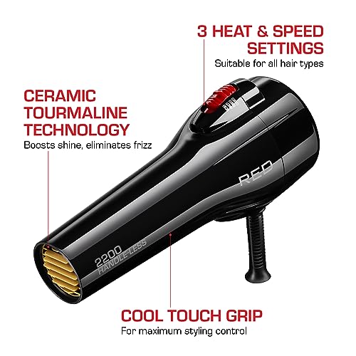 RED by Kiss Handle-Less 2200W Ceramic Tourmaline Hair Dryer, 3 Heat Settings, Pro Blow Dryer with Comb Attachment, Ionic for Frizz-Free Shine, Detangler & Straightening for 4C