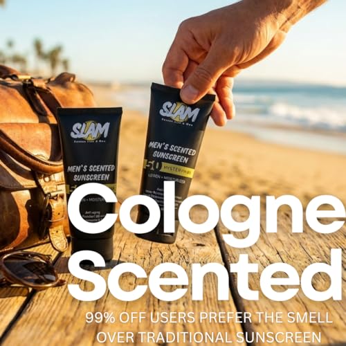 SLAM Men's Sunscreen Lotion SPF 50 & Moisturizer ? Face & Body Sunblock, Anti-Aging, Water-Resistant, Hawaii Act 104 Safe, Skincare for Men, Scented & Unscented ? 3 fl oz. each- Trio pack.