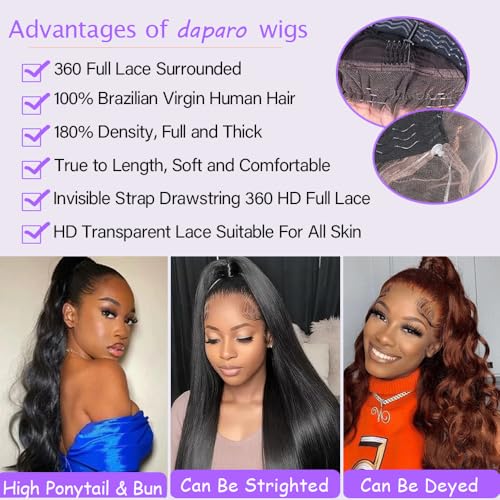 Body Wave 360 Lace Front Wigs Human Hair 28 Inch Hidden Strap HD Lace Front Wigs Human Hair 180 Density Drawstring 360 Full Lace Frontal Glueless Wigs Human Hair Pre Plucked Wig for Women