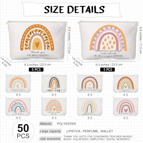Sieral Rainbow 50 Pcs Canvas Makeup Bags Bulk Inspirational Quotes Cosmetic Bags Makeup Pouch with Zipper for Women Teacher Appreciation Thank You Gifts for Teacher Volunteer Employee Coworker