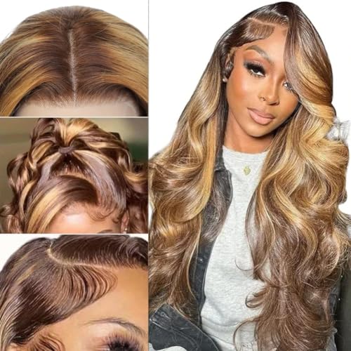 Human Hair Wig 30 Inch 13x4 Ombre Body Wave Lace Front Wigs Human Hair Honey Blonde Wig Pre Plucked with Baby Hair 200 Density 4/27 Highlight Glueless Human Hair Wigs for Black Women