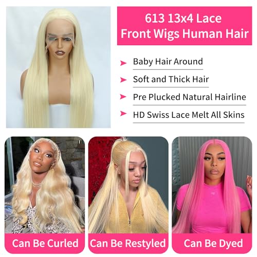 613 Lace Front Wig Human Hair Pre Plucked Blonde Wig Human Hair 180% Density 13x4 Straight HD Lace Frontal Wig Glueless Wigs Human Hair With Baby Hair 36 Inch