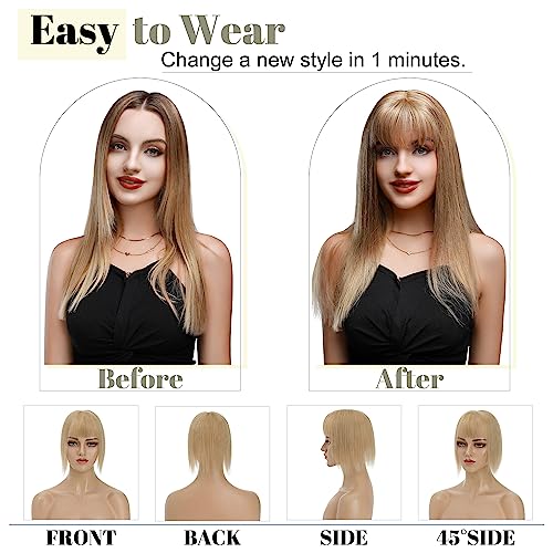 SEGO Hair Toppers for Women With Bangs Real Human Hair, 130% Density 10 * 12CM Silk Base Clip in Top Wiglet Hairpieces for Thinning Hair-12 Inch 27 Dark Blonde